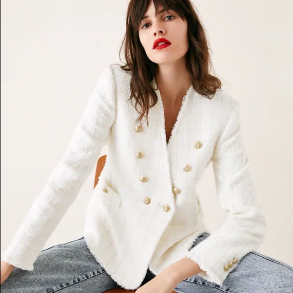 New ZARA Cream Tweed Blazer Jacket Sz S